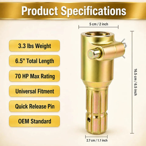Heavy Duty Gutsy Pto Shaft Extender For Tractor One Three Eight Inch Six Spline Male To Female Connection Rated Up To Seventy Hp, 6.5 inch length