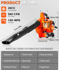 Powerful 26Cc Gas Leaf Blower With 180 MPH Air Flow And 380 CFM, handheld yard cleanup tool showing features and dimensions