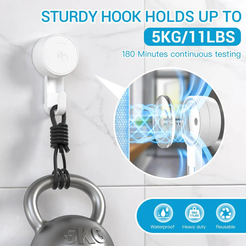 Heavy Duty Waterproof Shower Hooks Two Pack Rock Solid Dual Reinforcement Suction And Adhesive Zero Fuss Bathroom Wall Mounts Holding Eleven Pounds For Towels Robes And Loofahs With Hassle Free Peel Stick Installation