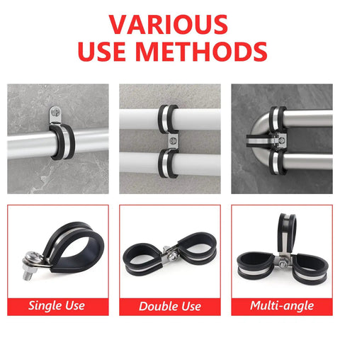 Ten Pack 2 Inch Stainless Steel Cable Clamps With Rubber Cushioned Hose Clamp Insulating various use methods, single, double, multi-angle.