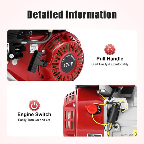 Close-up of 212cc Gasoline Engine 7.5 HP 4 Stroke Pull Start Go Kart Motor, showing pull handle and engine switch details