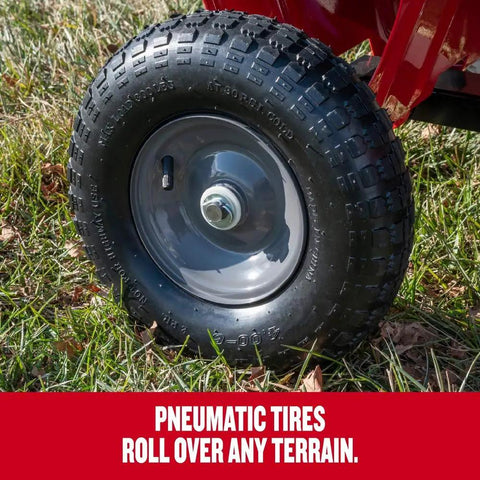 14 inch pneumatic tire of Tow Behind Poly Dump Cart With 10 Cu Ft Bed And 350 Lb Load Capacity, Rust Resistant Poly Bed, Lawn And Garden Cart