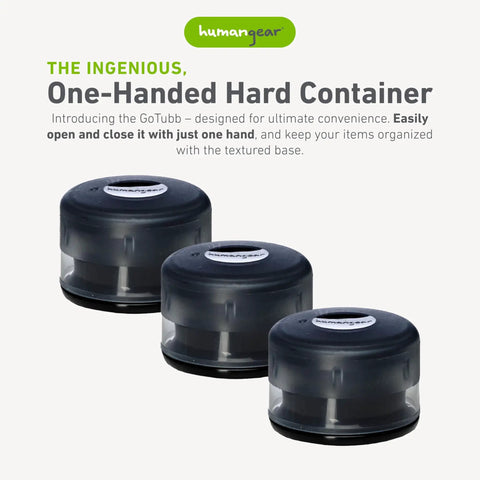 Three GoTubb Mini Storage Containers for Snacks and Grab and Go Travel Gear with One Hand Snap Lid, black color
