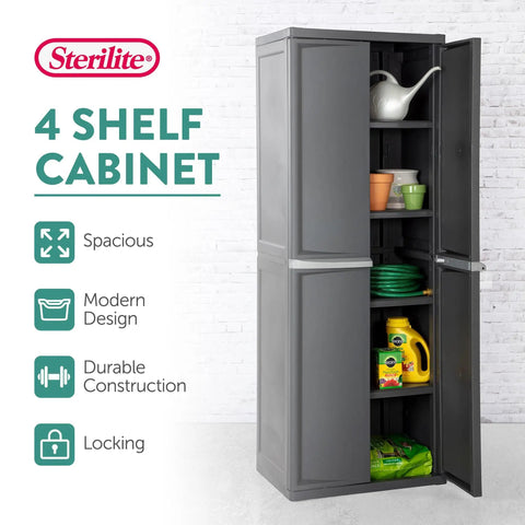4 Shelf Heavy Duty Plastic Storage Cabinet With Easy Assembly For Garage Basement Attic And Mudroom Gray Storage Unit For Bins And Tools Built Like A Tank No Fuss Setup And Maximum Organization