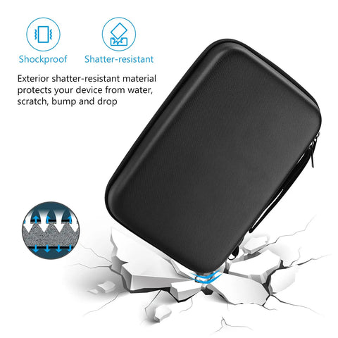 Front view of black Hard Travel Electronic Organizer Case for MacBook chargers and accessories, shockproof and shatter-resistant design.