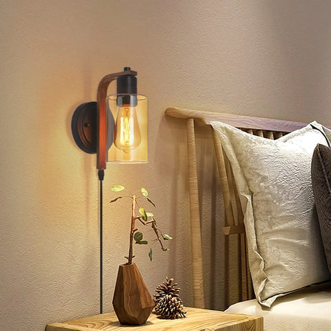 Amber Glass Plug In Wall Sconces Set Of 2 With Touch Dimmer Switch Dimmable Farmhouse Lighting in bedroom scene