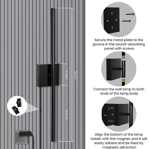 Lichaser Plug in Wall Sconces for Acoustic Wall Panels, Slat Wall (2, 28in) installation guide on gray slat wall.