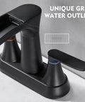 Close-up of Matte Black 4 Inch Centerset Bathroom Faucet With Waterfall Flow Two Handle 3 Hole Sink 360 Degree Swivel Spout Pop Up Drain Included