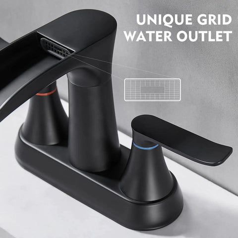 Close-up of Matte Black 4 Inch Centerset Bathroom Faucet With Waterfall Flow Two Handle 3 Hole Sink 360 Degree Swivel Spout Pop Up Drain Included