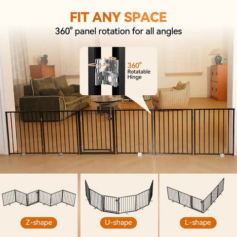 Extra Wide 60 Inch Free Standing Dog Gate For Home Doorways Rock Solid Metal Pet Fence with rotatable hinges and Z, U, L-shape configurations.