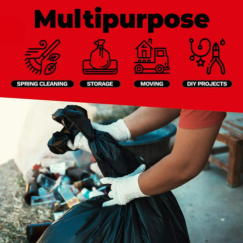 Person using Beefy 55 Gallon Contractor Trash Bags 2 Mil Thick Heavy Duty Drum Liners for multipurpose cleaning outdoors