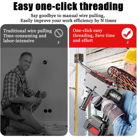 Hot New Electrician Wire Tugger With 90 Degree Bends, Smart Pulling Tool For Running Cables Through Walls Fast, Includes 15 Meter Lead And Dual Batteries, High Performance Stringer Device You Need For Big Projects showing one-click threading feature.