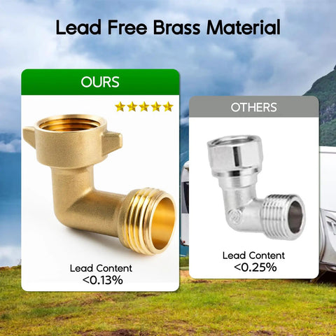 Two Pack 90 Degree Brass Hose Elbow Connector Lead Free Easy Grip Adapter For RV Water Hookups Outdoor Faucets And Garden Hoses No Kink Flow Durable Brass Construction For Long Lasting Performance lead-free brass elbow