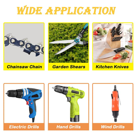 Wide application chart with images of chainsaw chain, garden shears, kitchen knives, electric drills, hand drills, and wind drills.
