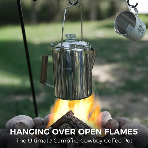Percolator Coffee Pot For Campfire Ready Hit The Trail 9 Cup Stainless Steel Kettle With Wood Handle hanging over campfire flames