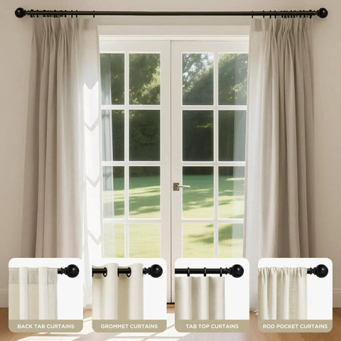 Heavy Duty Adjustable Curtain Rod Set 32 To 120 Inches 1 Inch Diameter Black Finish installed over patio doors with curtains