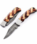 Handmade Damascus Pocket Folding Knife With Olive Wood Handle For EDC And Camping Tough As Nails 150 Layer Damascus Blade Open View