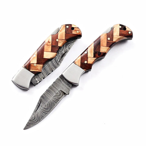 Handmade Damascus Pocket Folding Knife With Olive Wood Handle For EDC And Camping Tough As Nails 150 Layer Damascus Blade Open View