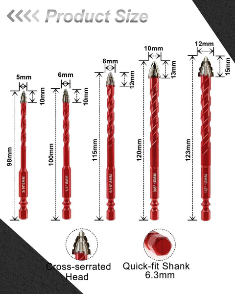FOCSTOL 10-piece serrated masonry drill bit set, front view, sizes 3/16–1/2 in, red-coated