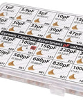 Capacitor Kit With 485 Pcs Multilayer Ceramic Assortment in 24 pF Values, organized in a clear labeled box, from 1pF to 1000pF.