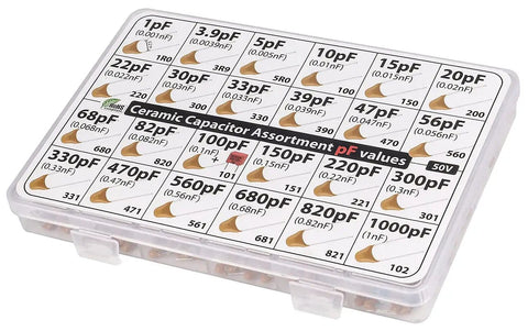 Capacitor Kit With 485 Pcs Multilayer Ceramic Assortment in 24 pF Values, organized in a clear labeled box, from 1pF to 1000pF.