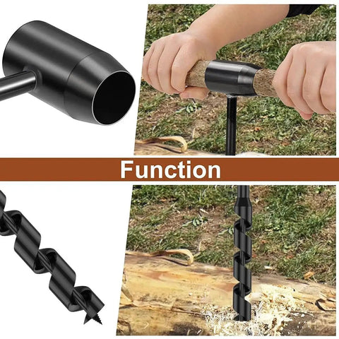 Hand Auger Wood Drill With Self Tapping Tip For Bushcraft And Survival Manual Drill For Camping And Outdoor Use 10mm By 260mm No Power Needed Beast Mode For Hiking And Woodworking Shelter Building Built Tough With High Hardness Steel in action, drilling into wood.