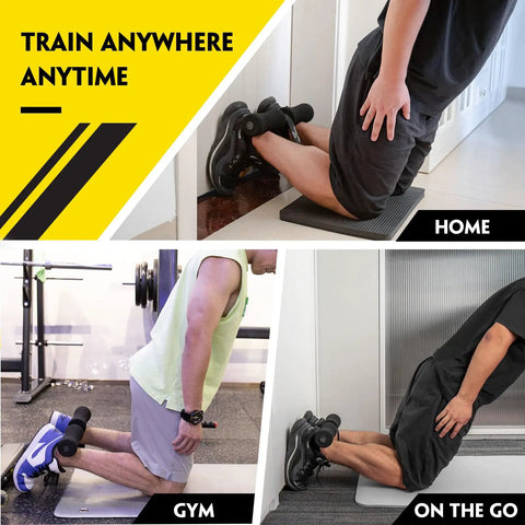Three people using Hamstring Curl Strap With Built In Fitness Knee Mat For Home Gym, Holds Up To 420 Pounds, Sit Up Bar, Spanish Squats
