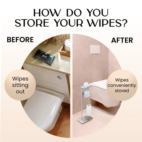 Comparison of bathroom with and without Hidden Wipes Toilet Paper Holder With Built In Shelf Free Standing For Bathroom Modern Brushed Nickel Finish