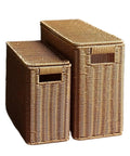 Tall Narrow Rattan Storage Bin With Lid Slick Vertical Woven Organizer For Living Room Cabinet Shelf And Pantry, two sizes.