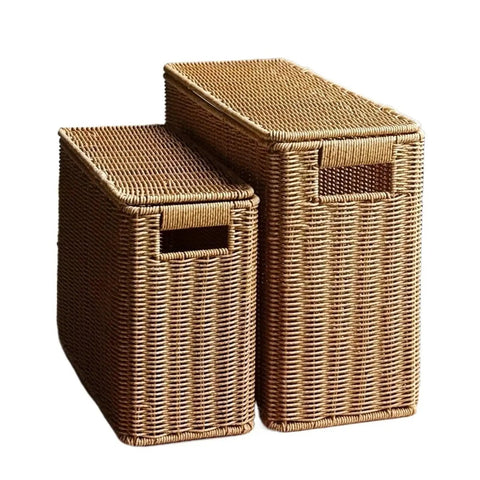 Tall Narrow Rattan Storage Bin With Lid Slick Vertical Woven Organizer For Living Room Cabinet Shelf And Pantry, two sizes.