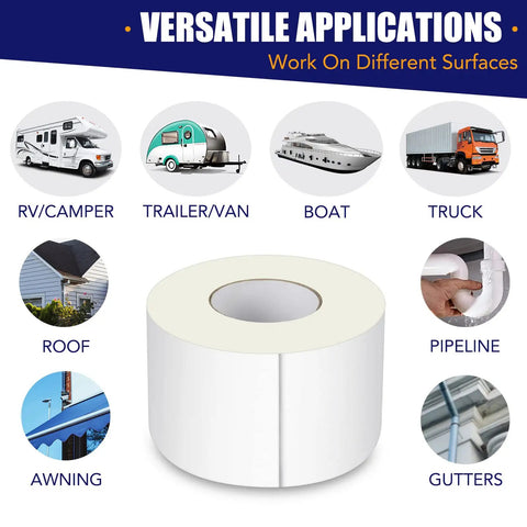 RV Roof Tape 4 Inch By 50 Feet Weatherproof Sealant Tape For RV Repair And Camper Roof Sealing UV Resistant, uses illustrated