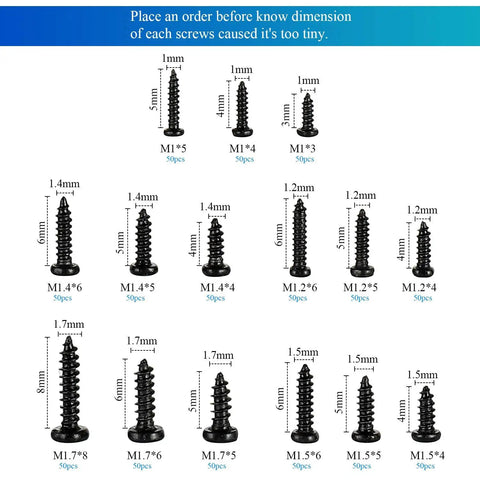 Black Carbon Steel Tiny Phillips Pan Head Self Tapping Screws Set 750 pcs in 15 sizes for electronics, showing individual screw sizes.