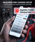 Manual Electric Vehicle Charging Switch For Dryer And Daily Charger, 24Amp 240V Power Splitter With Safety Breaker, Hand Rotated Toggle, Plug And Play Nema 14-30 To 14-50 Adapter, Smooth Operator Design No Sweat Setup with smartphone app showing charging settings.