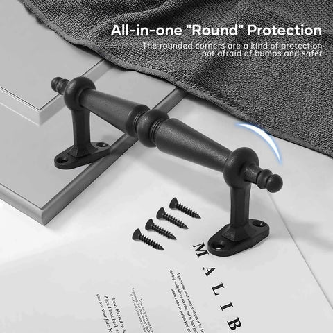 9 Inch Barn Door Pull Handle Set In Rustic Black Aluminum displayed with screws and textile, ergonomic chamfered edges visible