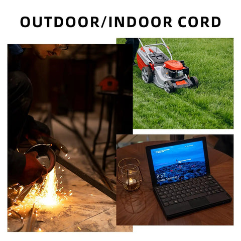 Collage showing usage of 15 Ft Outdoor Extension Cord With 12/3 SJTW Heavy Duty Black Cable Grounded 3 Prong Plug Power Cord For Lawn Garden Tools And Appliances UL Listed Indoor Outdoor Use -40F To 140F Flexible with a lawn mower, power tools, and electronics.