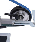 Close-up of the Heavy Duty 1x30 Belt Sander and Disc Grinder machine showing the belt and roller for woodworking.