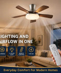 MADISH Modern Walnut 46 Inch Ceiling Fan With Light, 5 Blade fan with remote control in modern living room setting.