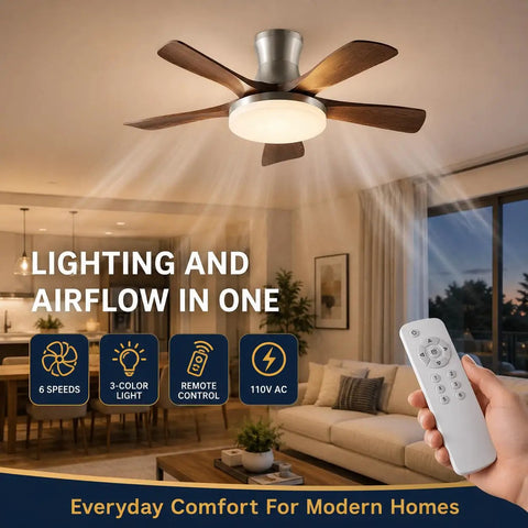 MADISH Modern Walnut 46 Inch Ceiling Fan With Light, 5 Blade fan with remote control in modern living room setting.