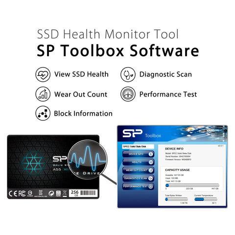 256GB 2.5 Inch SATA III SSD With 3D NAND A55 SLC Cache For Rocket Fast Boots Snappy Multitasking Ultrabook Ready Performance Upgrade Perfect For Gaming Rigs Creative Pros And Daily Drivers Seeking Longer Lifespan, SP Toolbox software screen
