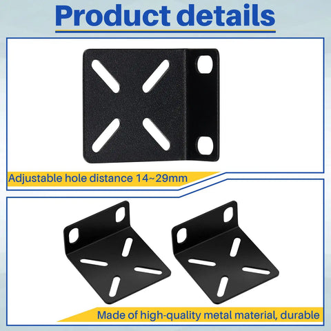 Adjustable Rack Mount Brackets For 17.3 Inch Wide Switches Quick Install Steel Rack Ears showing black metal construction and adjustable holes.