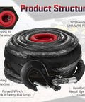 Half Inch By 100 Foot Synthetic Winch Rope Cable Kit For Off Road Trucks And ATVs 32000 Lbs Break Strength Black Protective Sleeve And Forged Hook Beefed Up Recovery Line, coiled with forged hook