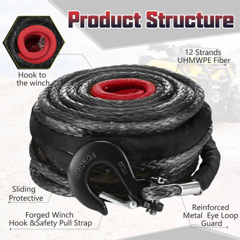 Half Inch By 100 Foot Synthetic Winch Rope Cable Kit For Off Road Trucks And ATVs 32000 Lbs Break Strength Black Protective Sleeve And Forged Hook Beefed Up Recovery Line, coiled with forged hook