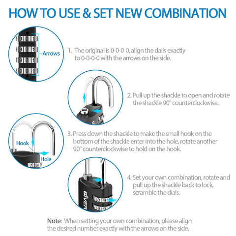 Instructions to set new combination for 4 Pack 4 Digit Keyless Padlocks Resettable Luggage Locks Weatherproof