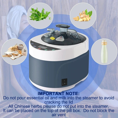 4L Portable Sauna Steamer With 1500W Heating, Fast Heat, Stainless Steel Pot, Home Spa Fumigation Steam Machine shown with herbs and ingredients