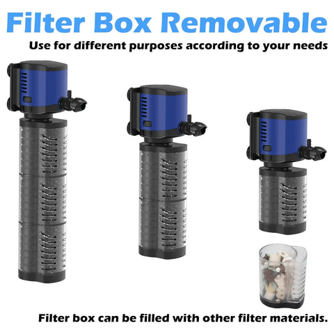 660GPH Submersible Pond Pump With Sponge Filter And 3 Stage Filtration showing removable filter box and sponge materials
