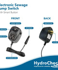 Easy No Pit Entry Electronic Sewage Pump Switch With 12ft Cord, Smart Alarm Water Sensor front and back view with components labeled