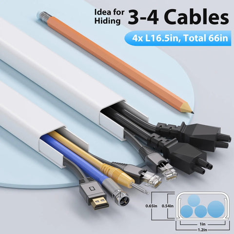 Large PVC Cable Cover Kit For Wall Mounted TV Cords 66 Inch Four Sections Sixteen And A Half Inch Each White