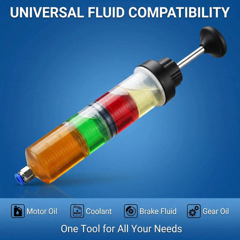 Heavy Duty Manual Fluid Extractor Pump 200cc Oil Suction Syringe With Dual Tubing Set showing graduated colors for fluid compatibility.