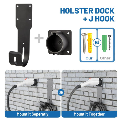 Real Deal Wall Mount EV Charger Holder Built For Everyday Drive Use Compatible With Popular J1772 Type 1 Connectors, showing J hook and holster dock.