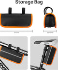 All In One Bike Repair Kit With Pump And LED Light, 16 In 1 Portable Tool Bag storage bag in black and orange, dimensions shown